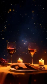Romantic starlit dinner vignette in warm digital painting style.