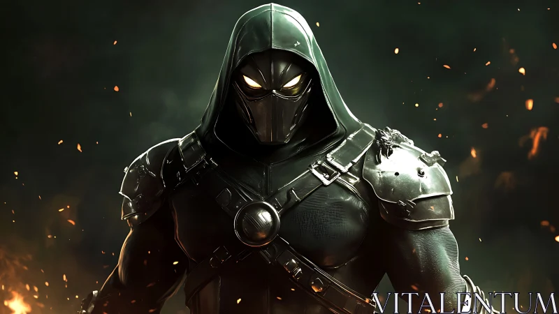 Armored masked vigilante in burning embers storm scene.