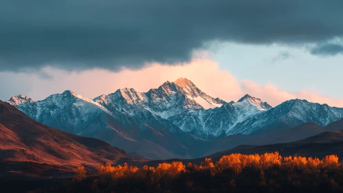 Alpenglow-illuminated alpine massif with storm-framed skyline.