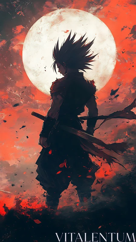 Backlit warrior silhouette before supermoon in red storm sky