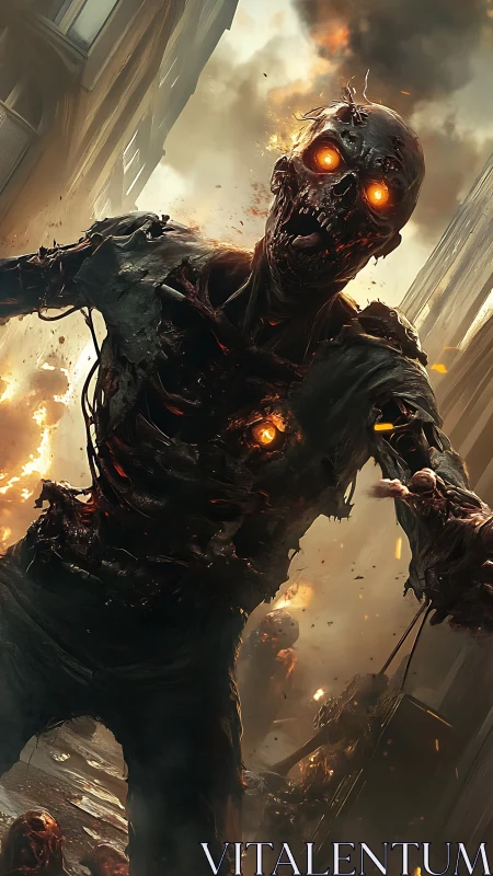 Inferno-eyed corpse striding through a collapsing firestorm.