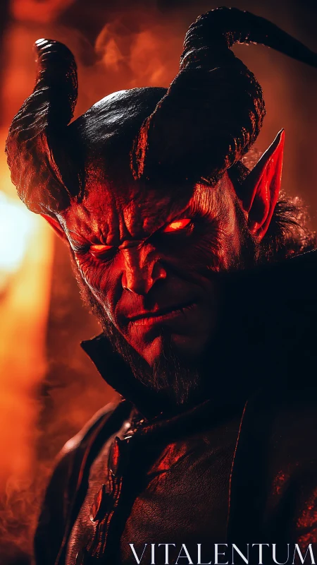 Infernal horned warlord glares through molten shadowed fire.