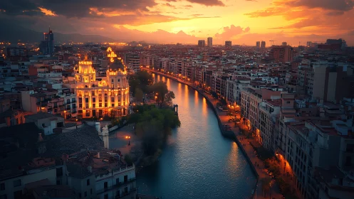 Sunset illuminates riverfront cityscape with glowing lights.
