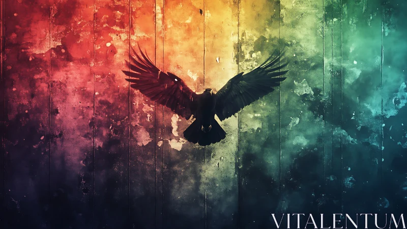 Silhouette of Flying Bird Against Grunge Rainbow Background Art.