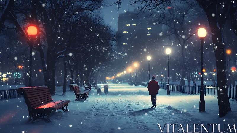Solitary figure walks through snowy park under winter lights