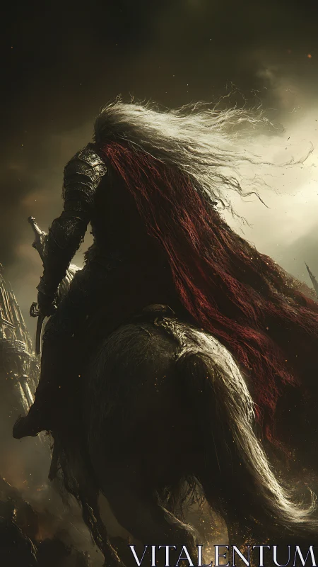 Armored rider surveys burning battlefield from horseback