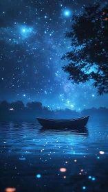 Quiet moonlit boat drifting gently beneath glowing stars.