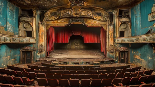 Decaying baroque theater interior with faded red curtain.