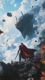 Armored warrior confronts colossal dragon head in stormy sky