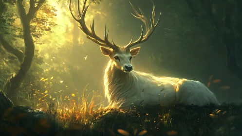 White stag rests in glowing forest clearing at sunrise