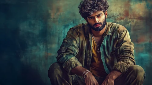 Moody portrait of seated man in casual green jacket.