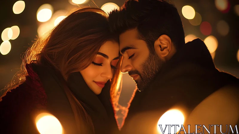 Two individuals positioned closely with warm ambient bokeh lighting.