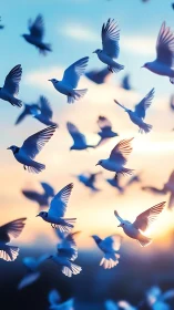 Flock of Blue Doves Flying at Sunset.