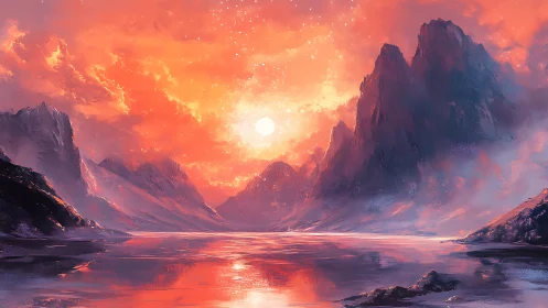 Radiant stellar sunset over glacial fjordscape with spectral haze.