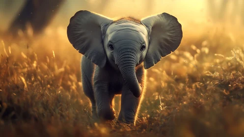 Sunlit baby elephant trotting through golden savanna glow.