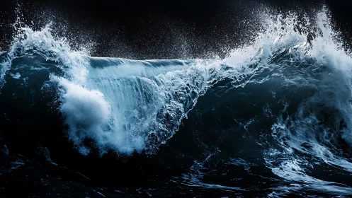 Breaking ocean wave crest forms dense spray against dark sky