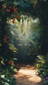 Sunlit stone path through dense overgrown tropical foliage.