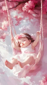Child on swing amid pink flowering environment.