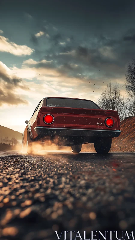 Low-angle photoreal rear view of classic car on wet road.