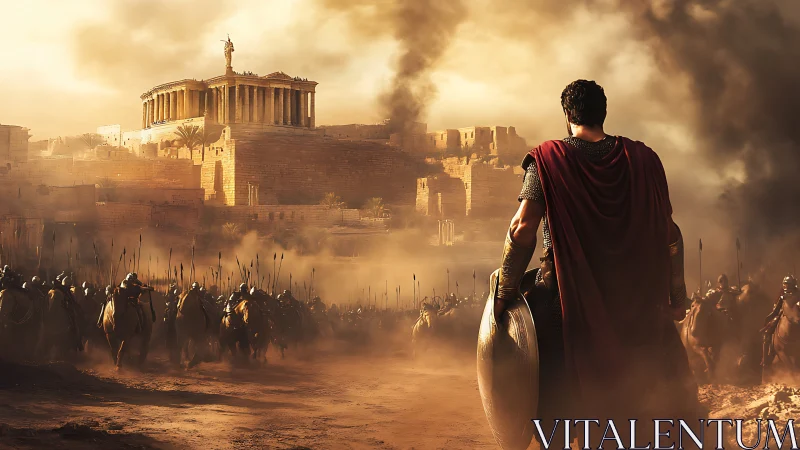 Dust-crowned warlord confronts a sunlit ancient citadel.