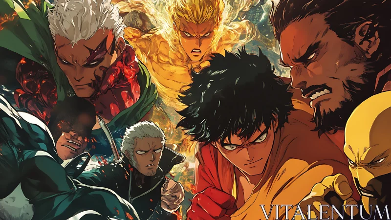 Group of stylized fighters confront each other in dynamic standoff