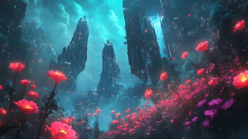 Neon bloom valley beneath forgotten sky towers of light.
