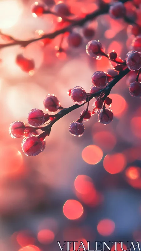 Frost-covered berries on branch with bokeh background lighting