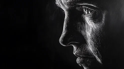 Quiet tears in monochrome light trace a thoughtful face.