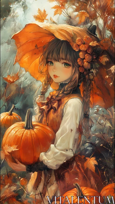 Autumn girl beneath pumpkin parasol in painterly harvest scene.