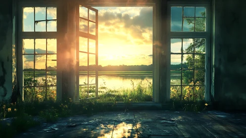 Backlit lakeside sunset framed by weathered window panels