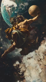 Mythic titan holding celestial sphere above swirling Earth.