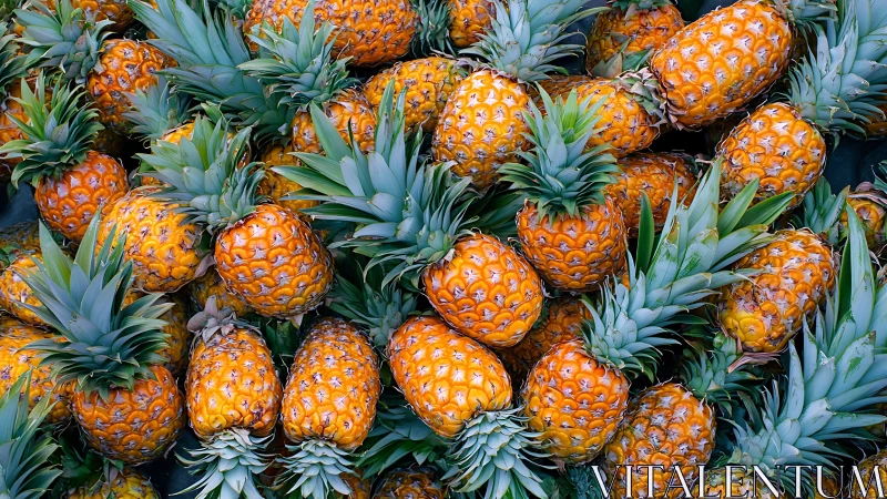 Clustered display of ripe pineapples with intact green crowns.