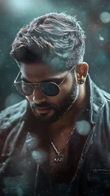 Moody bokeh portrait of stylish man with sunglasses and beard