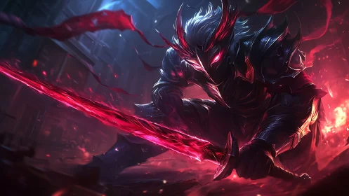 Dark demon knight wields burning crimson greatsword.