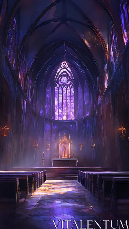 Luminous gothic cathedral interior glows in ethereal violet light.