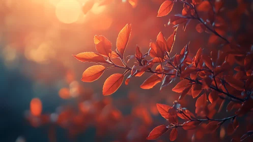 Crimson leaves drift through molten sunset forest glow.