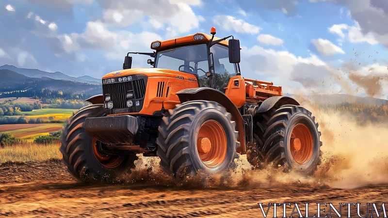 Turbocharged orange tractor kicks dust across wild farmland