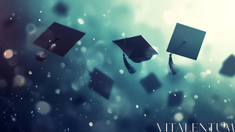Graduation caps are suspended in midair within blurred depth