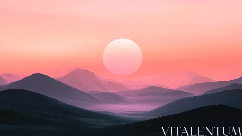 Celestial pearl sinking over neon mist mountainscape horizon.