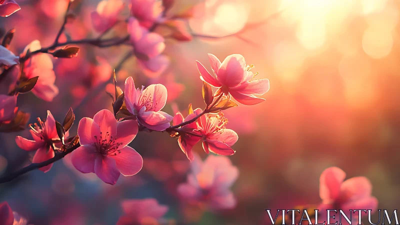 Pink Peach Blossoms in Golden Hour Light.
