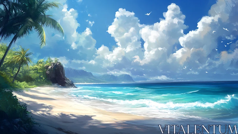Tropical Paradise Beach Landscape with Turquoise Waters and Cloud Formation.
