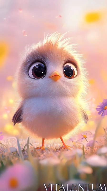 Pastel-rendered fluffy chick character with oversized eyes and warm ambient luminescence