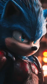 Blue anthropomorphic hedgehog hero in intense close-up shot.