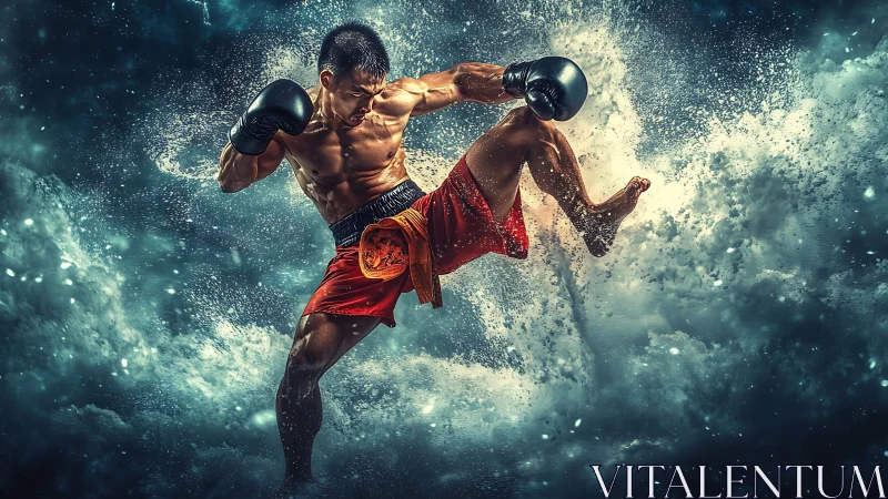 Dynamic Kickboxer in Motion: Explosive Action with Ethereal Particle Effects.