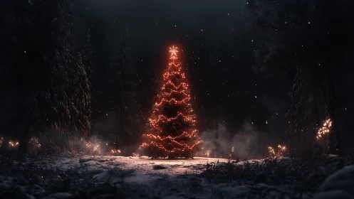 Christmas tree glows with red lights in dark snowy forest