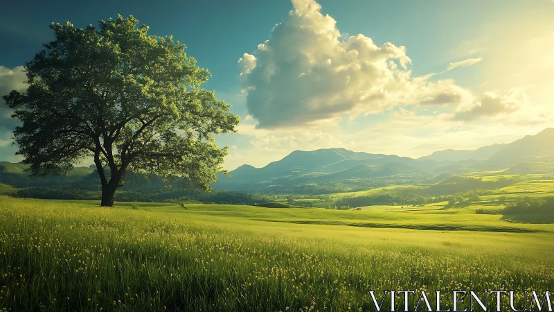 Solitary tree stands in sunlit valley before distant hills