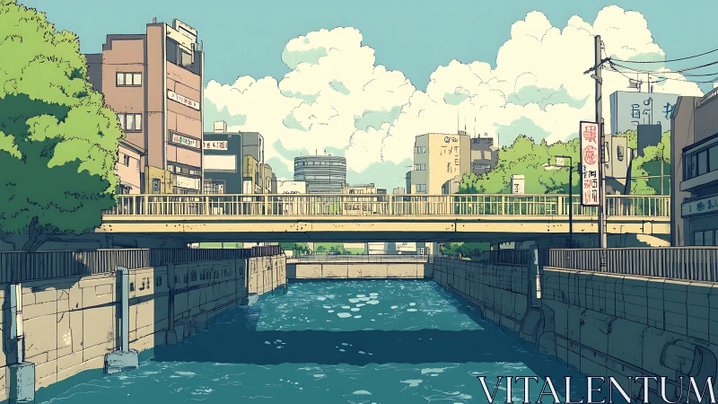 Urban canal passes below bridge in stylized daytime city