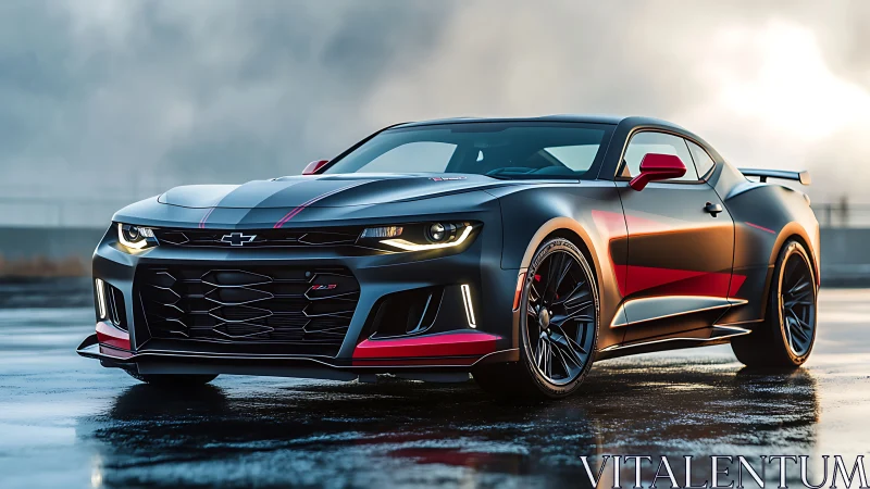 Black and red sports coupe on wet pavement in overcast light.