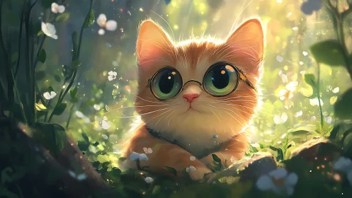 Anthropomorphic Orange Cat Portrait with Spectacles in Luminescent Garden Setting.