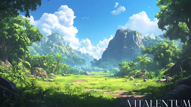 Lush tropical valley rendered with atmospheric depth and soft lighting